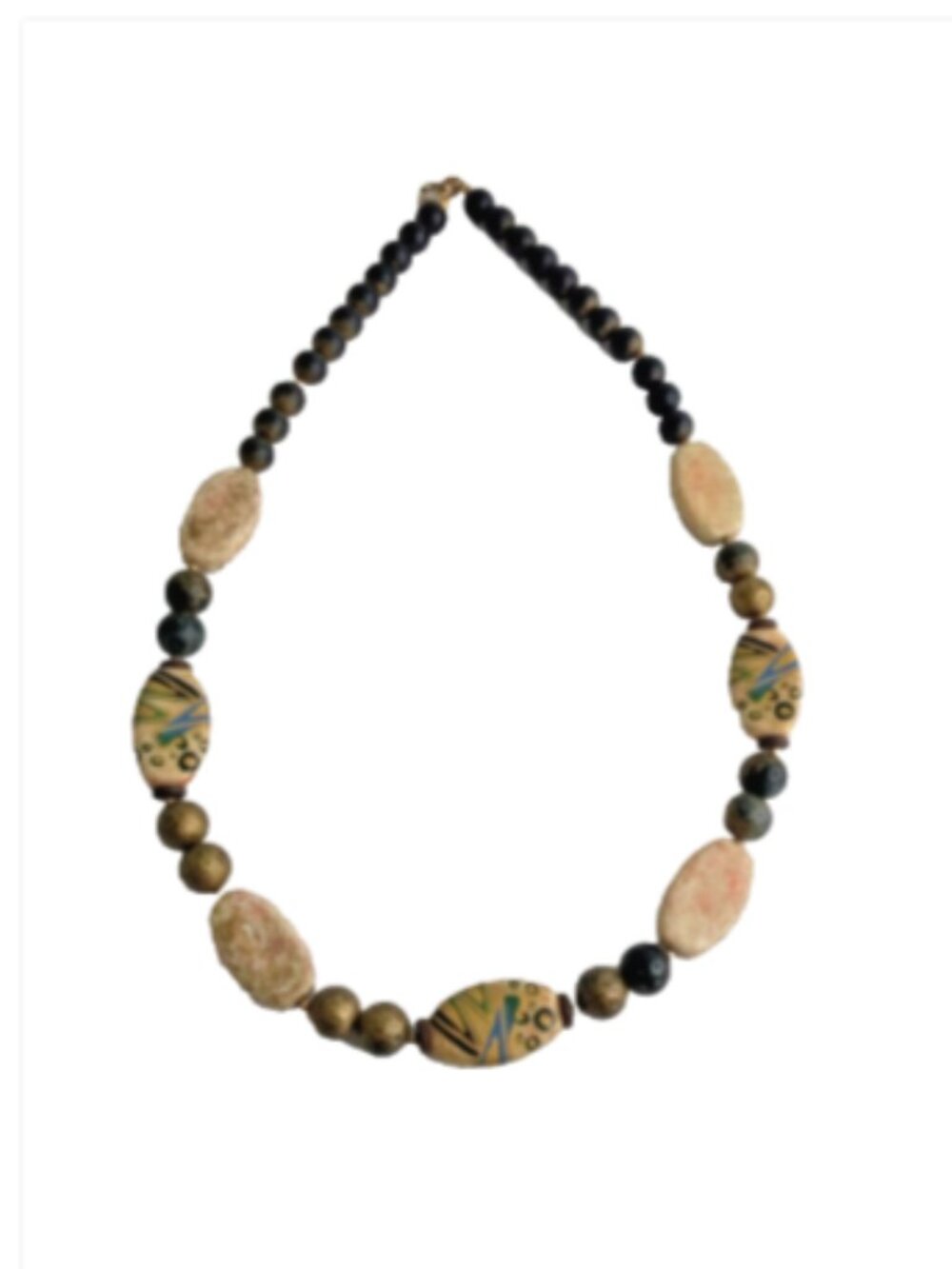VTG Japan Artisan Ceramic Beaded Necklace Hand Painted Boho Tribal Earth Tones
